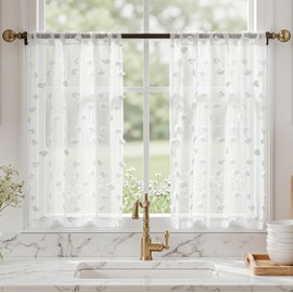 MYSKY HOME - Cortinas cortas transparentes blancas con pompones para ventanas pequeñas, recámara, cuarto de bebé, habitación de niños, niñas, cortinas bohemias para café, cocina, filtrado de luz