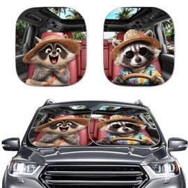 Renewold Car Front Windshield Sun Shade Auto Window Shade Foldable Sunshade Cover Sun Visor Shield Keep Vehicle Cool Funny Raccoon Animal Driving Hawaii Outdoor Summer Car Interior Accessories 2Pcs
