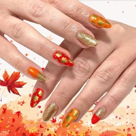 Maple Leaf Press on Nails Fall Leaves Stick on Fingernails 24Pcs Thanksgiving Medium Almond False Nails Glossy Gold Glitter Acrylic Fake Nail Yellow French Gel Glue on Nail for Coquette Women Girls