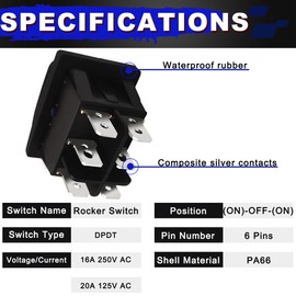 MKBKLLJY 3PCS Momentary Polarity Reverse Switch Waterproof 16A 250V AC/20A 125V AC Control Rocker Toggle Switch Double Reset 6 Pin (ON)-Off-(ON) KCD4 Bule LED Light Illuminated 8PCS Connector