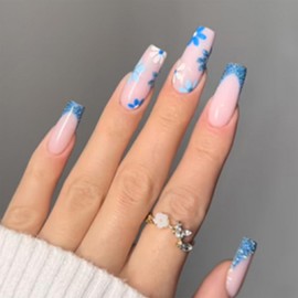 24Pcs French Tips Press on Nails with Flower Design, Sparkly Manicure Art Acrylic Medium Square Full Cover Fake Nails Stick on Nails Glossy Blue Glitter False Nails Gel Glue on Nail for Women Girls