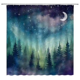 ZWSMZW Forest Moon Shower Curtain Watercolor Misty Forest Fantasy Starry Sky Galaxy Nature Gothic Scenery Abstract Outdoor Bathroom Decor Curtains with Hooks, Purple