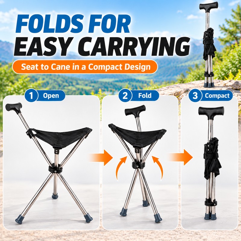 Folding Cane with Seat for Outdoor Rest – Lightweight 2-in-1
