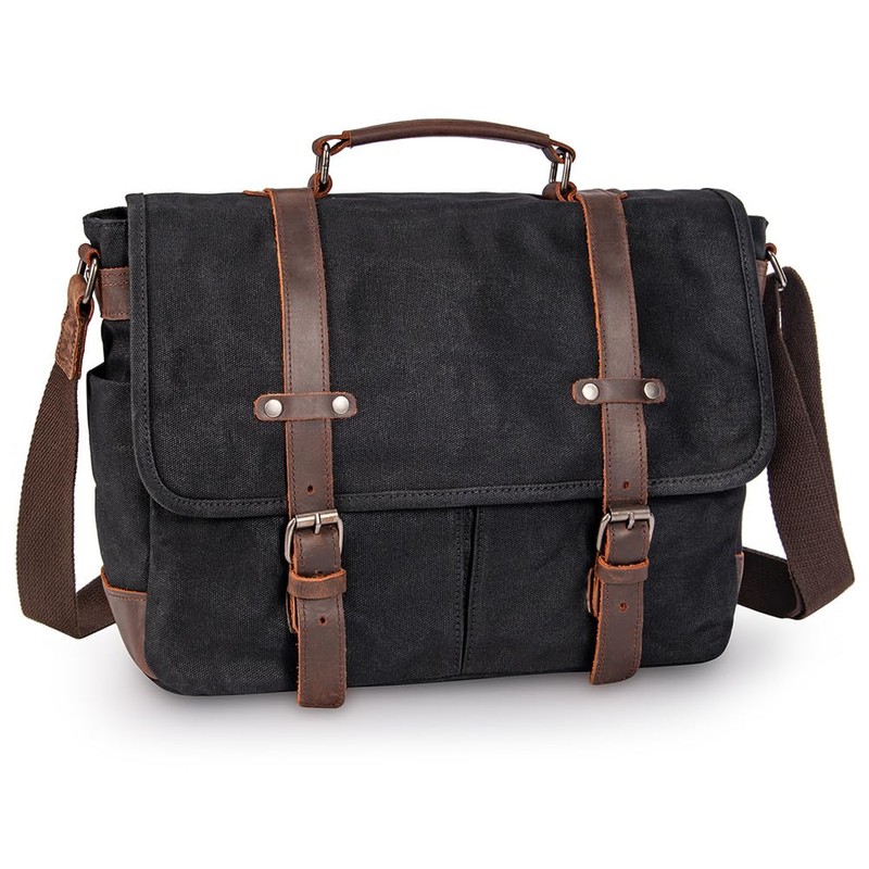 Vintage Genuine Leather Waxed Canvas Briefcase Large Satchel Shoulder Bag