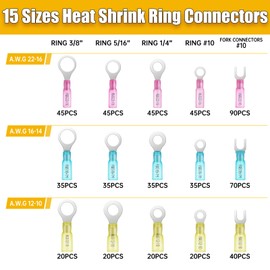 DTLDZSC 600PCS Marine Grade Heat Shrink Wire Connectors-Electrical Connectors Kit of Tinned Red Copper,Crimp Insulated Ring Fork Spade Butt Splice AWG22-16 16-14 12-10 Gauge (600pcs Kit, AWG 22-10)