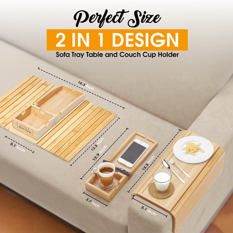 Bamboo Couch Cup Holder Tray with 2 Cork Coasters, Caddy,