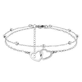 LAXPICOL Layered Silver Anklet Bracelet For Women/Girl,Adjustable Heart Beach Women's Anklets Beaded Rope Link Waterproof Jewelry Gift For Girls