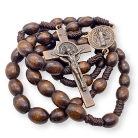 Nazareth Store St. Benedict Solid Wood Rosary Necklace Dark Wooden Beads Catholic Prayer Saint Medal with Bronze Metal Cross