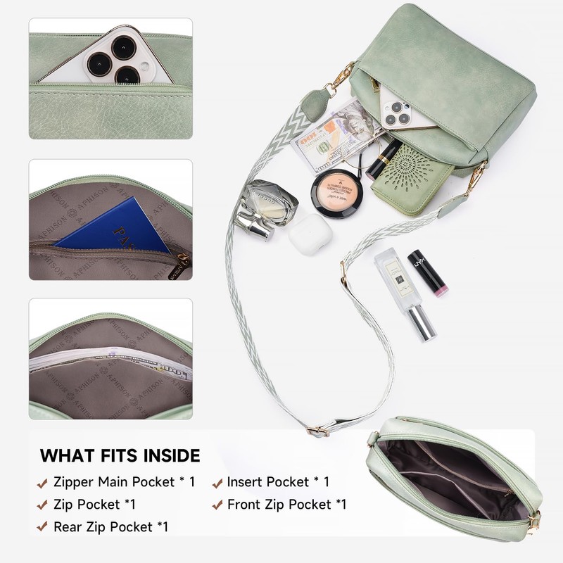 APHISON Small Crossbody Bags for Women, Triple Zip Vegan Leather