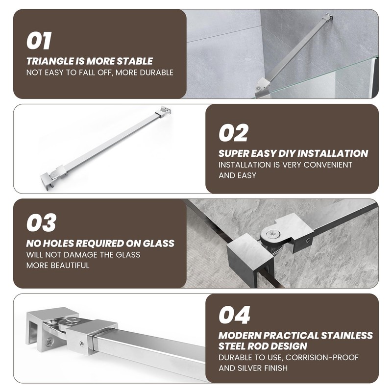 Stainless Steel Shower Rod, Wall-to-Glass Brace for 1/4" & 3/8"