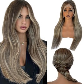 Valiilo Balayage Brown Wig Human Hair 13x6 HD Lace Front Wig Human Hair 180% Density 24 Inch Free Part Ash Brown Mix 613 Blonde Highlights Wig with Brown Roots Pre Plucked