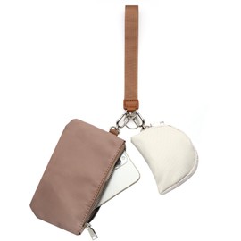 Mini Zip Around Wristlet Keychain Wallet for Women Detachable Dual Pouch Wristlet Portable Phone Coin Purse Coin Pocket (Khaki+Brown)