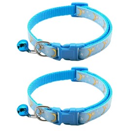 CCUUHJ Reflective Cat Collars Breakaway with Bell Moons Stars 2 Pack Girl Boy Pet Kitten Collar Adjustable 7.5-12.5 Inch (Blue)