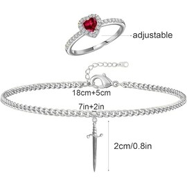 Walquicks Juego de Pulsera y Anillo de Corazón para Pareja, Acero Inoxidable Dorado y Plateado con Cadena de Eslabones de Espada y Piedras Preciosas Rojas, Anillo de Promesa Romántico(Plateado)