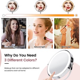 AumVum 8" Makeup Mirror with Lights, Vanity Mirror with 1X/10X Magnification, Touch Screen 3 Colors Dimmable 54 LED Lights Brightness Adjustable 360° Rotation for Tabletop