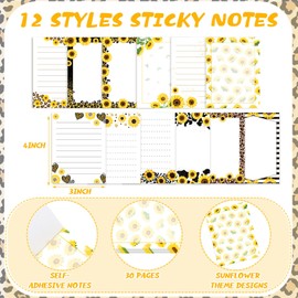 Skyygemm 24 Pieces Sunflower Sticky Notes Cute Sunflower Pens Gift Note Pads Memo Pads 3x4 Inch Black Ink 1.0 mm Ballpoint Pen Leopard Adhesive Notepad for Teacher Student Women Office
