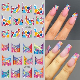Colorful Stripes Nail Art Stickers Water Transfer Nail Decals for Nails Art Geometric Rainbow Wave Abstract Design Watermark Acrylic Nail Stickers for Women Manicure Nail Decoration 12 Sheets
