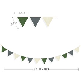 2 Sets of Green Grey Beige Nursery Garland 24Pcs Woodland Fabric Linen Pennant Banner Flags Triangle Streamers for Baby Playroom Decor Kids Camping Birthday Baby Shower Jungle Party Decorations