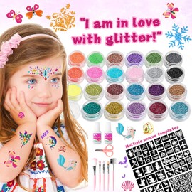 Kit de tatuajes con brillantina para niños, 9 gemas faciales, 24 colores de brillantina, 60 pegatinas para tatuajes, 64 plantillas para tatuajes, 1008 diamantes de imitación, 5 pinceles de