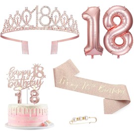 FEISHIONG 18th Birthday Party Decorations Set, Rose Gold Crown Tiara、Sash、Cake Topper、Number Balloons，18 Year Old Gifts for Female Friend、Daughter (Rose Gold Theme)