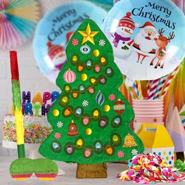 Christmas Tree Pinatas, Festive Christmas Decorations for Themed Celebrations and Holiday Party Games Includes Busterstick, Blindfold, Confetti and 2 Chirstmas Ballons