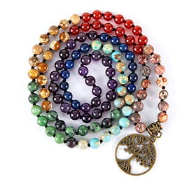 Farfume 7 Chakra 108 Mala Beads Bracelet Real Healing Gemstone Yoga Meditation Hand Knotted Mala Prayer Bead Necklace(Tree of Life-6mm Beads)
