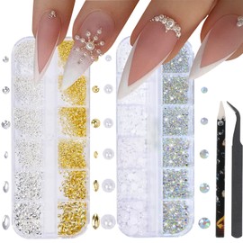 HNUIX Nail Art Charms - Metal Silver & Gold Beads, Flatback Half Round Rhinestones, Small Nail Pearls, 3D Mixed Sizes Decorations for Nails Kits