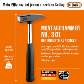 PICARD RS No. 301 Mounting Hammer, 500 g, Corrosion Resistant and Powder Coated, German Quality Design, C45 Tubular Steel Handle & Ergonomic Handle, GS-Tested Safety, 285 mm Length