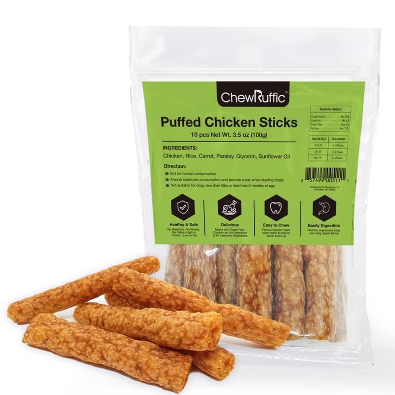 ChewRuffic Chicken Dog Chew Sticks, Puffed Human Grade Dog Treat