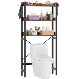 Over The Toilet Storage Rack - 3 Tier Bathroom Organizer with Shelves, Freestanding Space Saver Storage Rack Above Toilet Stand with 4 Hooks for Restroom, Laundry, Rustic Brown