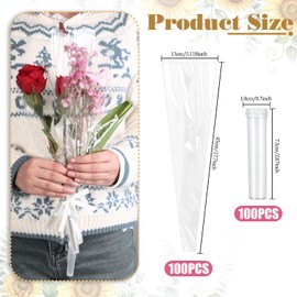 100 Pcs Single Rose Sleeve Bouquet Bags with 100 Pcs Floral Water Tubes for Flowers Packaging Bag Single Flower Wrapping Paper for Birthday Mother's Day Valentine's Day Wedding Gift, Transparent
