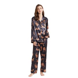 Belle Heure Women’s Silk Satin Classic Long Sleeve Pajamas Button Down Silky 2 Pcs Pattern Set Loungewear Sleepwear Leopard Black