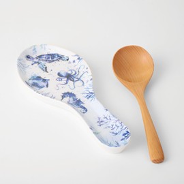 UPware Indigo Sea Life Melamine Spoon Rest, Cooking Spoon Holder for Stove Top, Kitchen Counter, and Dining Table, 9.625 Inch, Blue