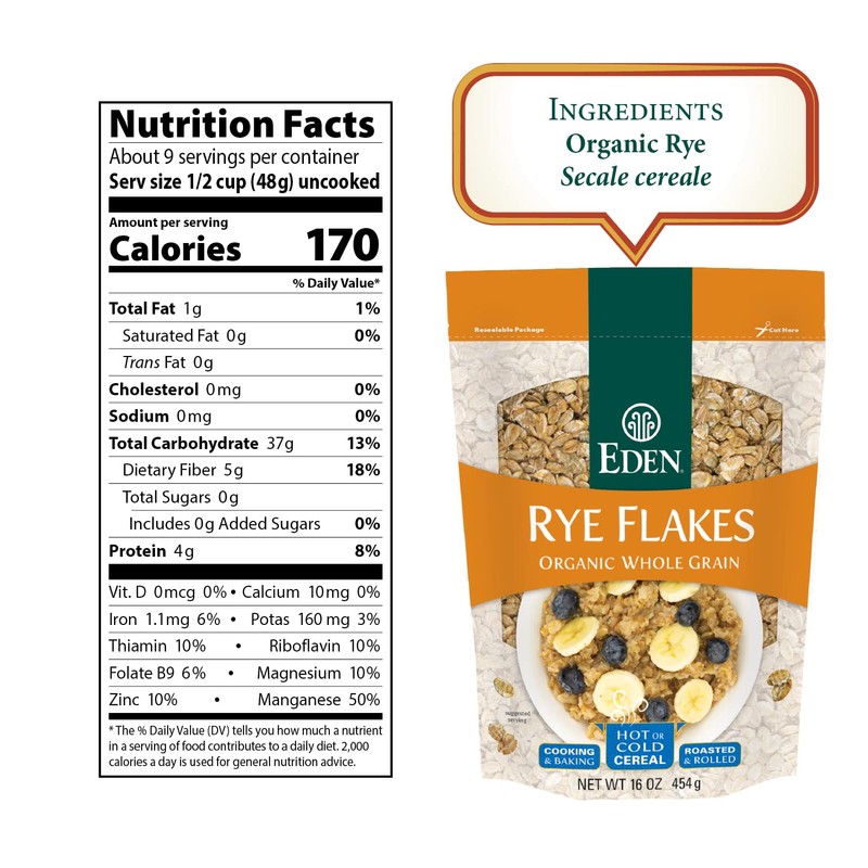 Eden Organic Rye Flakes, 16 oz, Toasted and Rolled, 100%