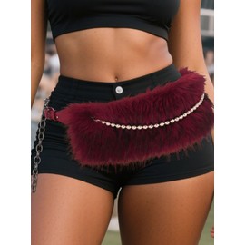 Wriidy Fur Leather Belt Red Women Punk Belt Wide Bead Chain Belts for Dresses and Pants