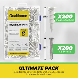 Heavy Duty Plastic Self Drilling Drywall Anchors and Screws Kit | Includes 200 Drywall Anchors, 200#8 1-1/4 Inch Screws & Reusable Storage Case, 400 Pieces