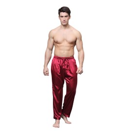 Tony & Candice Men's Satin Pajama Pants Long PJ Bottoms (Medium, Burgundy)