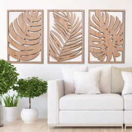 Decor Tropical Leaves Wood Wall Art, 3 Panel Set, Monstera Wooden Farmhouse Boho Art