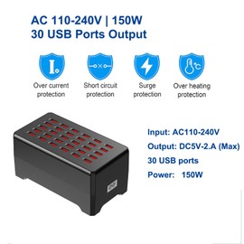 Gcidto 30-Port 150W High-Power Multi-USB Station, Smart Multi-Port Charger for Fast Charging of Smartphones, Tablets, and USB Devices (Black).(30 port-black)
