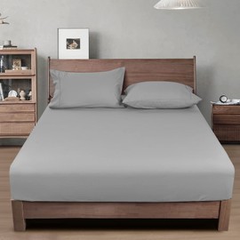 PHF Garment 100% Washed Cotton Fitted Sheet - Soft Cozy Cloud Linen Like Bottom Sheet Only with Elastic 16" Deep Pockets, Breathable Easy Fit Warm, Queen Size 60 x 80 Inches, Grey,No Pillowcase