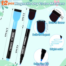 EMUTOL 12 Pcs Magnetic Dry Erase Markers, Colorful Fine Tip Whiteboard Markers with Erasers, Thin Low Odor Dry Erase Marker Set for White Board Fridge Calendar Office Home