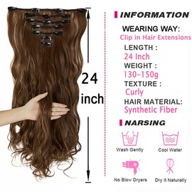 FUTATA Clip in Hair Extensions 7 PCS Full Head 24 Inch Curly Wave Synthetic Clip Hair Piece Wavy Hairpiece for Women Girls, Light Chestnut Brown