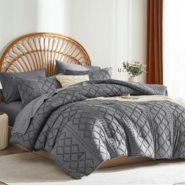 ALAOOKKA Dark Grey Tufted Comforter Set Queen Size 7 Piece Bed in a Bag,Shabby Chic Boho Comforter and Sheet Set,All Season Soft Microfiber Complete Bedding Set(Dark Grey,90"x90")