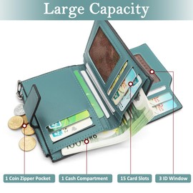 HNOOM Women's Purse, PU Leather Purse, Women's Small and Short Format Purse, Women's Many Compartments, Mini Wallet with 16 Card Slots and Coin Compartment, Green-x, Minimalist