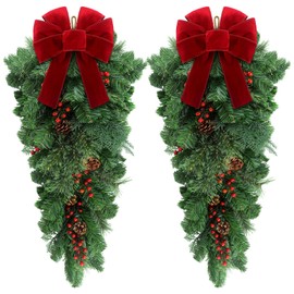 Daifunli 2 Pack Large Christmas Teardrop Swags 36 Inch Artificial Pine Teardrop Swags with Red Berries Pine Cones and Bow for Christmas Front Door Stairs Fireplace Holiday Outdoor Indoor Decor