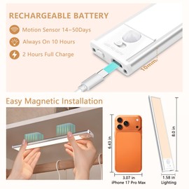 Bitrue Under Cabinet Lighting, 2Pack Rechargeable Magnetic Motion Sensor,Stepless Dimmable, 3 Color Temps, Wireless Lighting for Kitchen, Closet, Staircase (Silver, 2Pack-8inch)