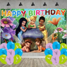 Tinkerbell Birthday Party Decoration,Photo Background 5 x 3 FT, 18 Pcs Balloons,Tinkerbell Fairy Princess Merch Party Backdrop Supplies
