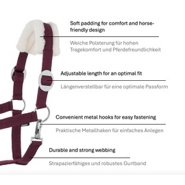 JA Horse Faux Fur Halter Lead Rope Set with Panic Hook Adjustable Horse Halter Horse Wooden Horse Tie Rope (Faux Fur Panic Hook Burgundy, Cob)