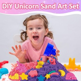 BETURETOP Play Sand Art Kit for Kids, DIY Sensory Sand Play Set with Magic Color Sand, Unicorn Rainbow Molds and Tools, Beach Sand Craft Sensory Toys Unicorn Gifts for Girls Toddler Ages 3 4 5 6 7 8