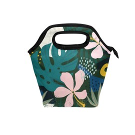 Naanle Hawaiian Flower Insulated Zipper Lunch Bag Cooler Tote Bag for Adult Teens Men Women, Palm Leaf Lunch Boxes Lunchboxes Meal Prep Handbag for Outdoors Office